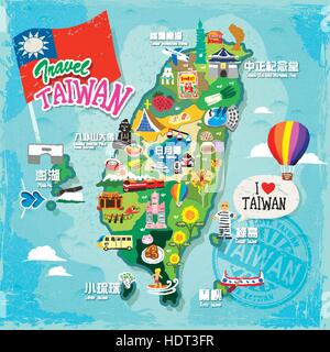 travel concept of Taiwan in colorful hand drawn style (every chinese term has their correspond english name under it.) Stock Vector