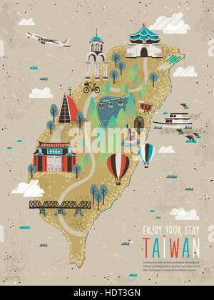 adorable Taiwan attractions map in flat style - words on the red building means the first school in Taiwan Stock Vector