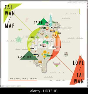 adorable Taiwan travel map with landmarks and famous snacks on it Stock Vector