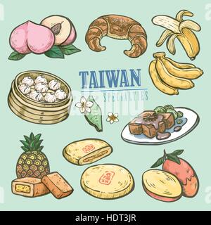 exquisite Taiwan specialties collection in hand drawn style - the word on the sun cake is its chinese name Stock Vector
