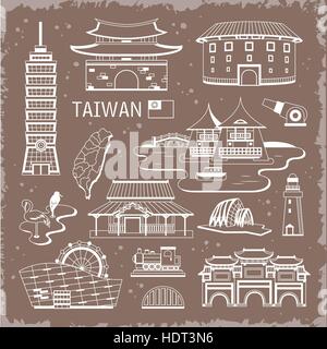lovely Taiwan attractions collection in thin line style Stock Vector