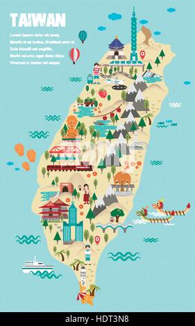 lovely Taiwan travel map in flat design style Stock Vector