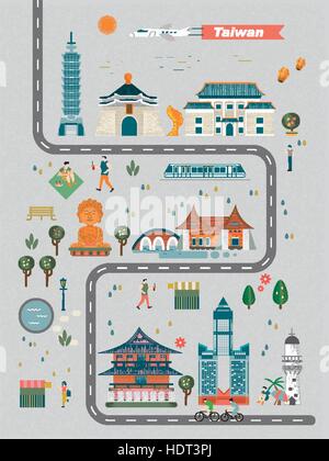 adorable Taiwan travel concept illustration in flat design Stock Vector