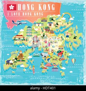 I love Hong Kong concept travel map with attractions icons in flat design Stock Vector