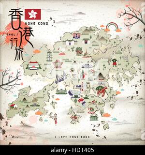 Chinese ink style Hong Kong travel map with attractions icons in flat design Stock Vector
