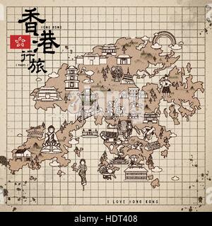 retro style Hong Kong travel map with attractions icons in monochrome Stock Vector