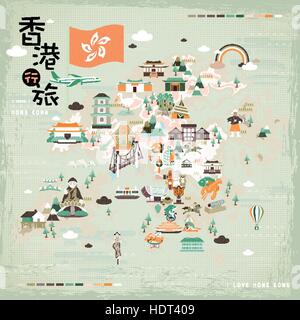 colorful Hong Kong travel map with attractions icons in flat design Stock Vector