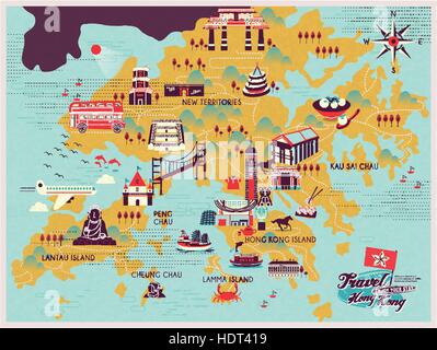 attractive Hong Kong travel map with attractions icons in flat design Stock Vector