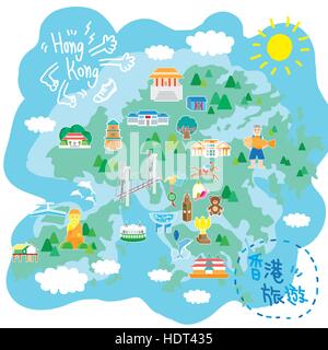 attractive Hong Kong travel map with attractions icons in flat design ...