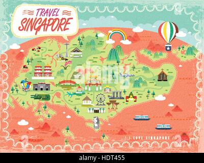 Singapore Travel Map With Lovely Attractions In Flat Design Stock ...