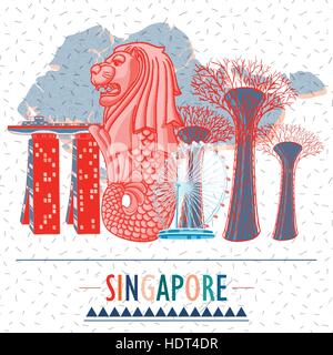 Singapore travel image design poster in hand drawn style Stock Vector