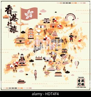 lovely Hong Kong travel map with attractions in flat design - the upper left and lower right titles are Hong Kong travel in Chinese word Stock Vector