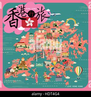 Hong Kong travel map in flat design - the upper left title is Hong Kong travel in Chinese word Stock Vector