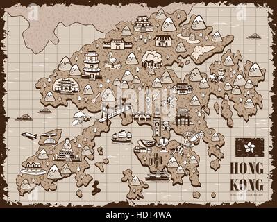 vintage hand drawn Hong Kong travel map Stock Vector