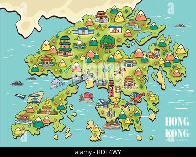 lovely Hong Kong travel map with attractions in flat design - the upper ...