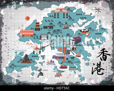 attractive Hong Kong travel map with attractions icons in flat design ...