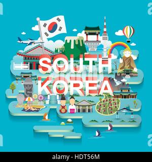 lovely South Korea travel map in 3d isometric style Stock Vector