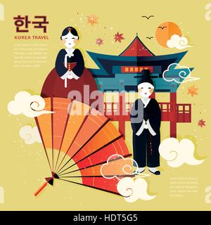 traditional Korean culture symbol in travel poster - Korea in Korean words on upper left Stock Vector