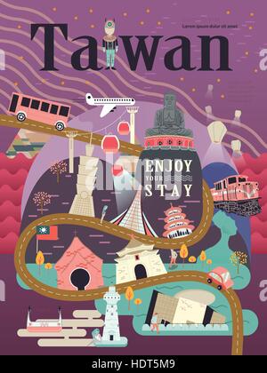 lovely Taiwan travel poster design with famous attractions Stock Vector