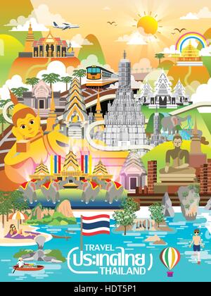 colorful Thailand travel concept poster in flat style - Thailand ...