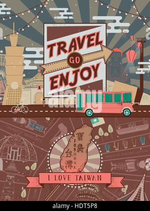 lovely Taiwan travel poster design with famous attractions - Taiwan Formosa in Chinese word on the island Stock Vector
