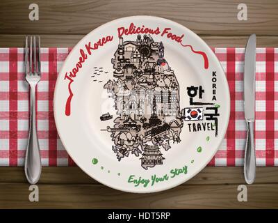 top view of creative South Korea travel map on realistic dishware - Korea in Korean words on right side Stock Vector