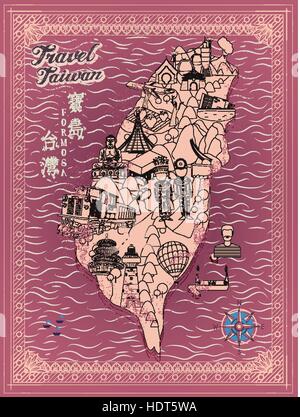 retro Taiwan travel map in line style - Taiwan Formosa in Chinese words on upper left Stock Vector