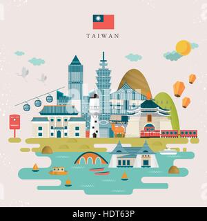 lovely Taiwan travel map design in flat style Stock Vector