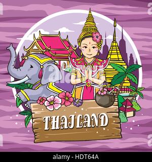 adorable Thailand travel concept poster in hand drawn style Stock Vector