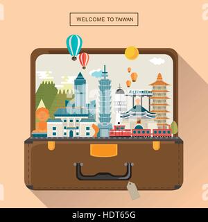lovely Taiwan travel poster design - attractions in luggage Stock Vector