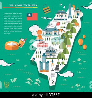 lovely Taiwan travel map design in flat style Stock Vector