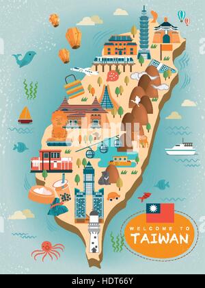 lovely Taiwan travel map design in flat style Stock Vector