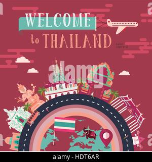 lovely Thailand travel concept poster in flat style Stock Vector