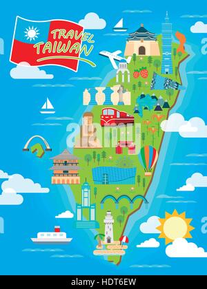 lovely Taiwan travel map design in flat style Stock Vector