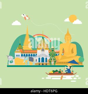 adorable Thailand travel concept poster in flat style Stock Vector