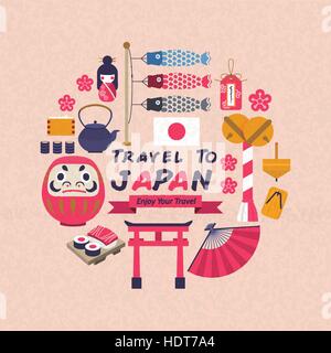 adorable Japan culture symbol collection in flat style Stock Vector