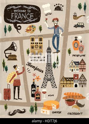 France travel concept illustration map with attractions Stock Vector ...