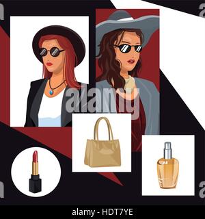 women fashionable makeup purse and perfume with geometric background Stock Vector