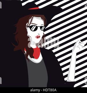 wo elegant fashion necklace hat and sunglasses striped background Stock Vector