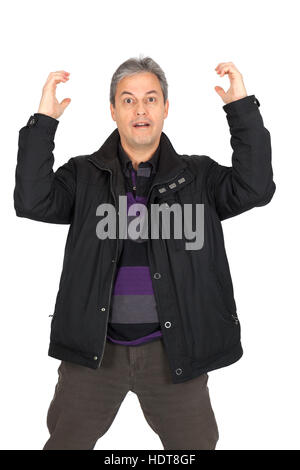 Handsome man doing different expressions in different sets of clothes: arms raised Stock Photo