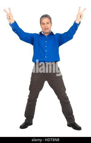 Handsome man doing different expressions in different sets of clothes: arms raised Stock Photo