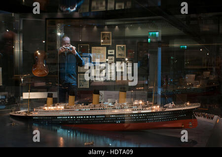 Inside Titanic Belfast museum and Visitors Centre, Titanic Quarter, Belfast, Northern Ireland, UK. Titanic Belfast Experience. The building is clad in Stock Photo