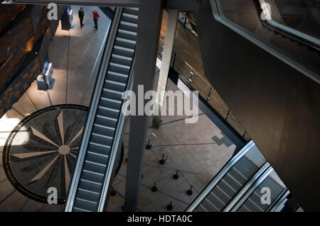 Inside Titanic Belfast museum and Visitors Centre, Titanic Quarter, Belfast, Northern Ireland, UK. Titanic Belfast Experience. The building is clad in Stock Photo