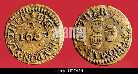 17th Century Trader's Token of THOMAS.LOWTHER  of Burton upon Stather. Lincolnshire. 1665. 3 tuns. Stock Photo
