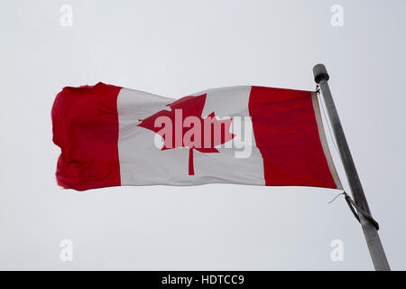 A Canadian flag flies in Churchill, Canada. Stock Photo