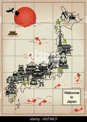 retro Japan travel map - hello in Japanese words on lower right Stock Vector
