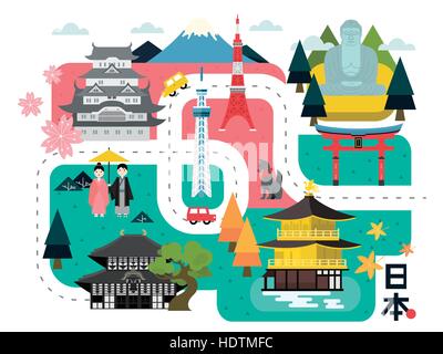 adorable Japan walking map - Japan country name in Japanese words Stock Vector