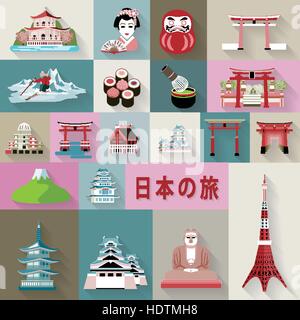 lovely Japan travel elements collection - Japan travel in Japanese words Stock Vector