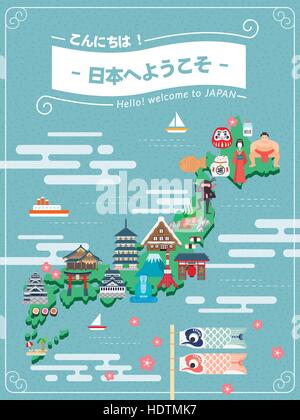 adorable Japan travel map poster - Hello welcome to Japan in Japanese ...