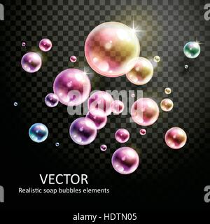 realistic bubbles with beautiful refractions on transparent background Stock Vector